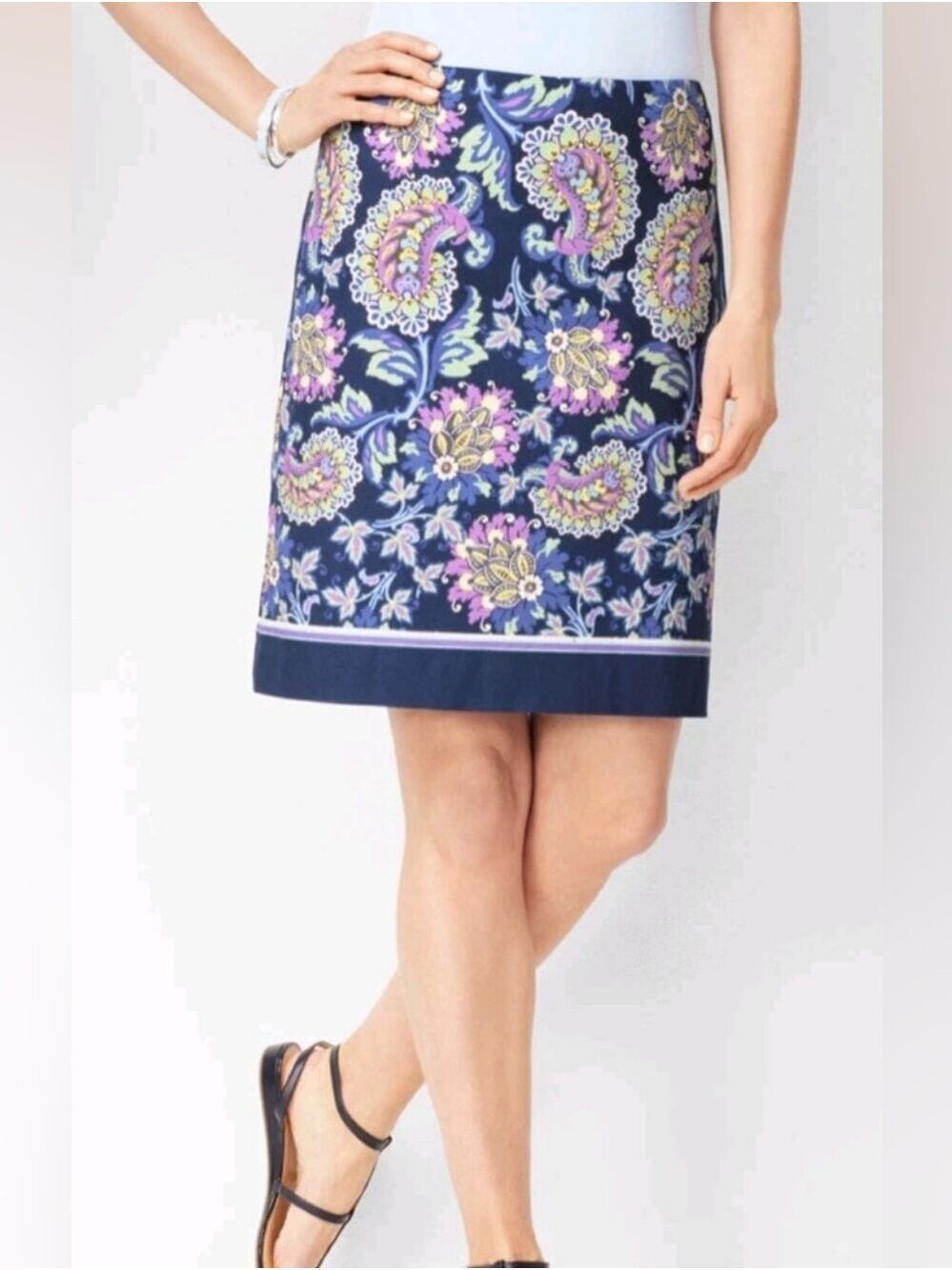 TALBOTS Cotton Navy Floral Paisley Pencil Mini Skirt Sz 12p
